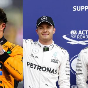 Lando Norris (L), Nico Rosberg and Lewis Hamilton (R)