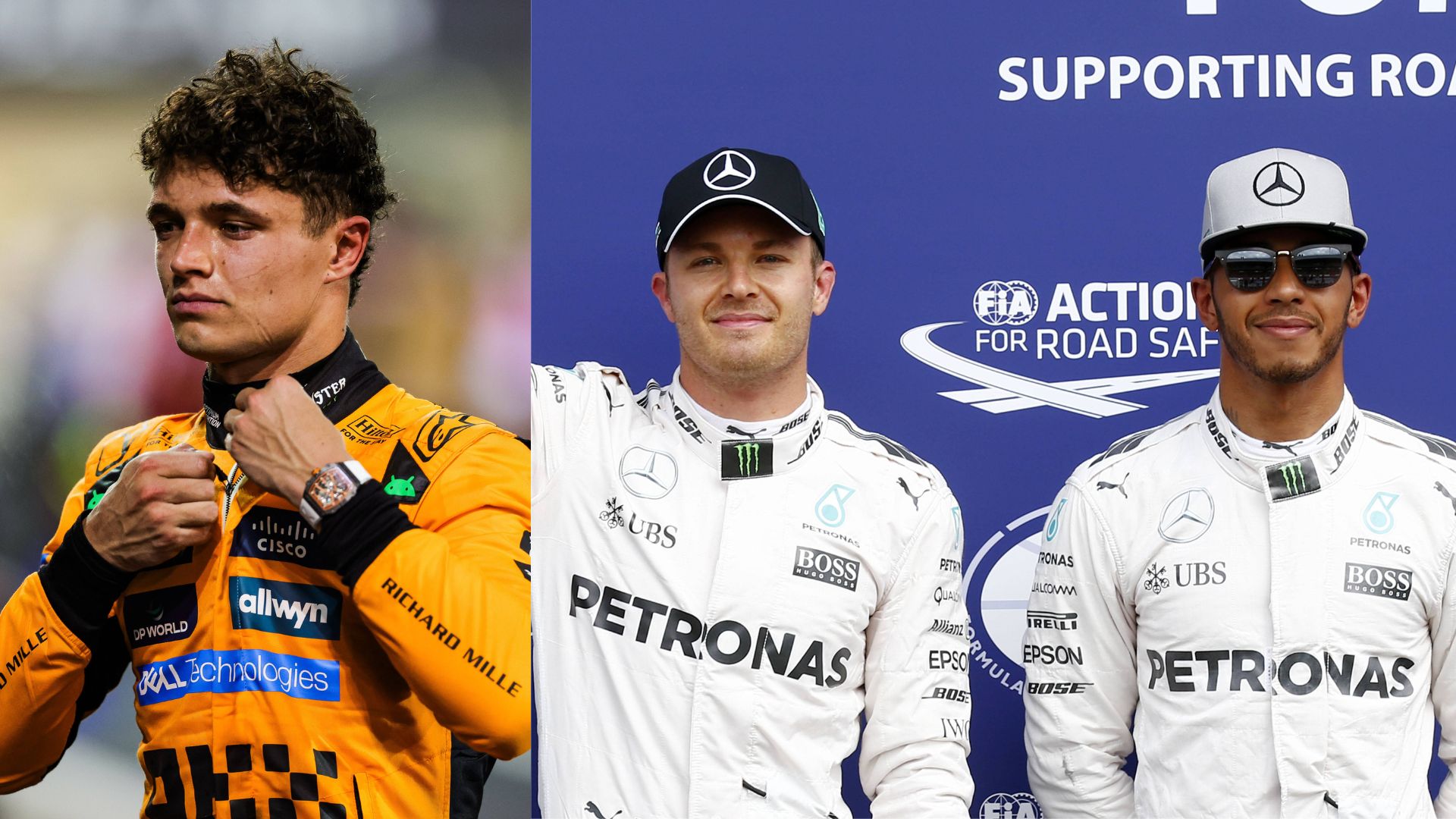 Lando Norris (L), Nico Rosberg and Lewis Hamilton (R)