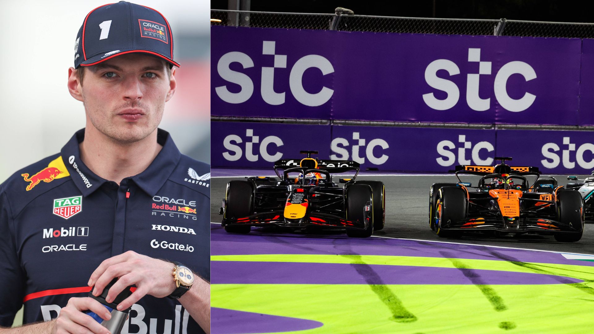 Max Verstappen (L), Max Verstappen's Red Bull and Oscar Piastri's McLaren at the race start in Jeddah (R)