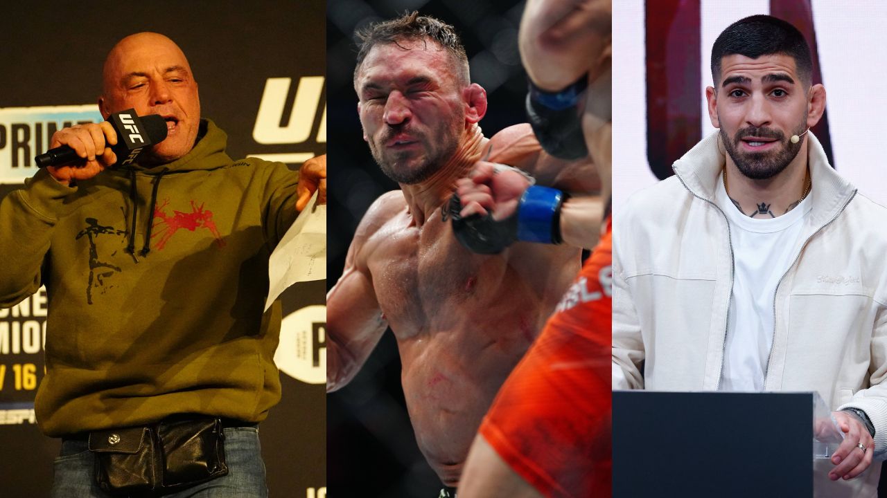 Joe Rogan (L), Michael Chandler (C), Ilia Topuria (R)