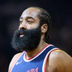 LA Clippers guard James Harden (1) walks on the court against the Golden State Warriors during the first quarter at Chase Center