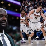 Shaquille O'Neal (L), Nuggets' Nikola Jokic and Timberwolves' Mike Conley (R)