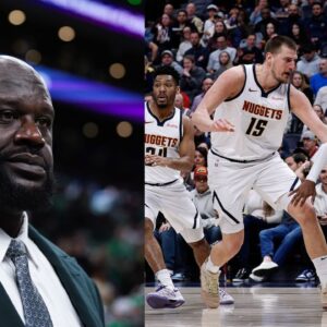 Shaquille O'Neal (L), Nuggets' Nikola Jokic and Timberwolves' Mike Conley (R)