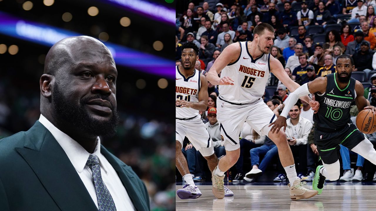 Shaquille O'Neal (L), Nuggets' Nikola Jokic and Timberwolves' Mike Conley (R)