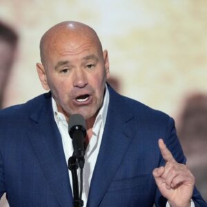 Dana White, CEO of Ultimate Fighting Championship introduces Republican presidential nominee Donald J. Trump during the final day of the Republican National Convention at the Fiserv Forum. The final day of the RNC featured a keynote address by Republican presidential nominee Donald Trump.