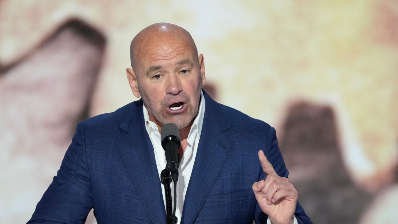 Dana White, CEO of Ultimate Fighting Championship introduces Republican presidential nominee Donald J. Trump during the final day of the Republican National Convention at the Fiserv Forum. The final day of the RNC featured a keynote address by Republican presidential nominee Donald Trump.
