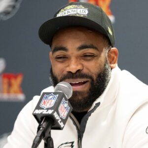 Philadelphia Eagles defensive end Brandon Graham speaks with the media during a press conference at Hilton New Orleans Riverside.
