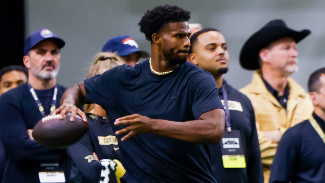 Apr 4, 2025; Boulder, CO, USA; Colorado Buffaloes quarterback Shedeur Sanders (2) passes the ball at the University of Colorado NFL Showcase at the CU Indoor Practice Facility.