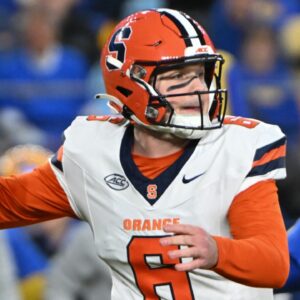 Syracuse Orange quarterback Kyle McCord (6) throws a pass during the first quarter against the Pittsburgh Panthers at Acrisure Stadium.