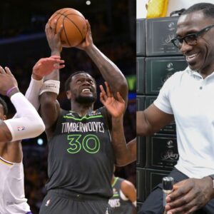 (L) LeBron James, Rui Hachimura, Julius Randle (R) Shannon Sharpe