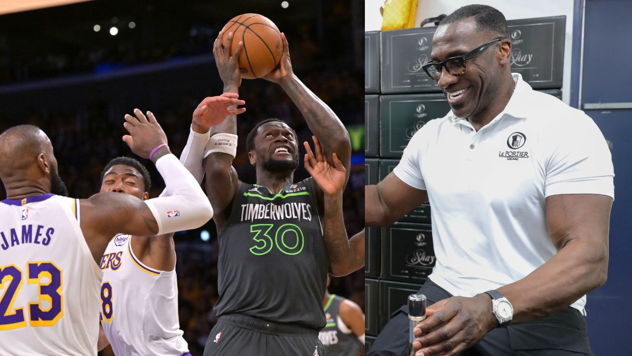 (L) LeBron James, Rui Hachimura, Julius Randle (R) Shannon Sharpe