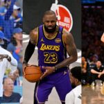 Michael Cooper (L), LeBron James (C), Austin Reaves (R)