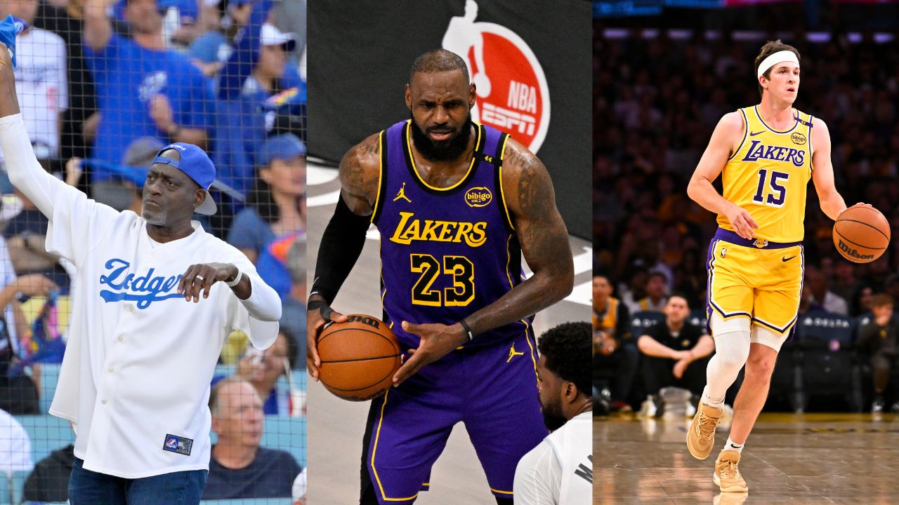 Michael Cooper (L), LeBron James (C), Austin Reaves (R)