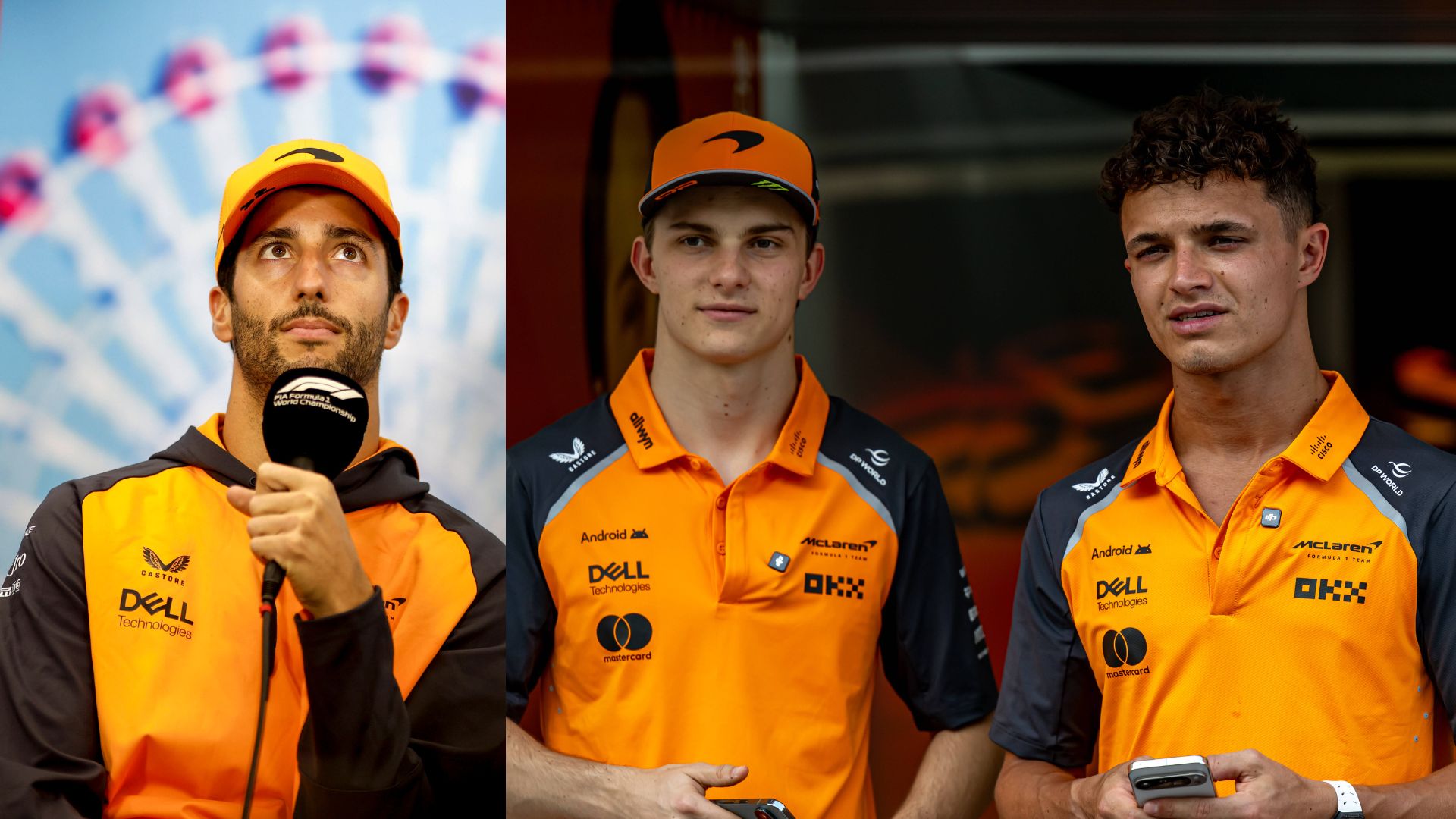 Daniel Ricciardo (L), Oscar Piastri and Lando Norris (R)