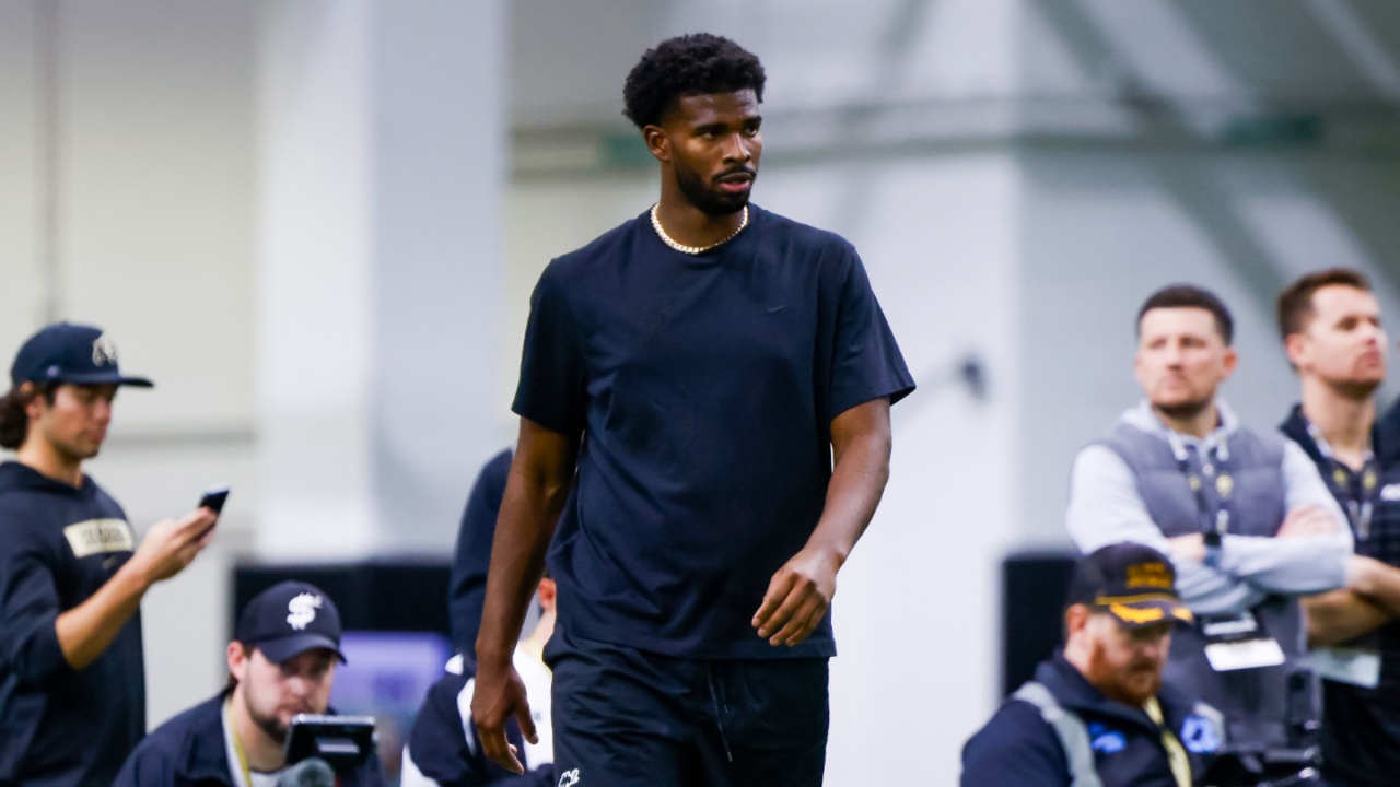 Colorado Buffaloes quarterback Shedeur Sanders (2) runs drills at the University of Colorado NFL Showcase at the CU Indoor Practice Facility.