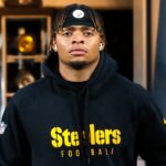 Oct 28, 2024; Pittsburgh, Pennsylvania, USA; Pittsburgh Steelers quarterback Justin Fields (2) takes the field to warm up before the game against the New York Giants at Acrisure Stadium.