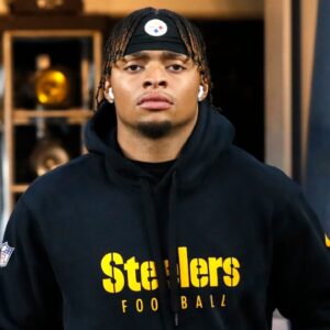 Oct 28, 2024; Pittsburgh, Pennsylvania, USA; Pittsburgh Steelers quarterback Justin Fields (2) takes the field to warm up before the game against the New York Giants at Acrisure Stadium.