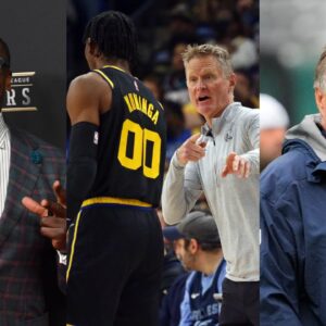 Shannon Sharpe(L), Jonathan Kuminga and Steve Kerr(Center), and Bill Belichick(R)