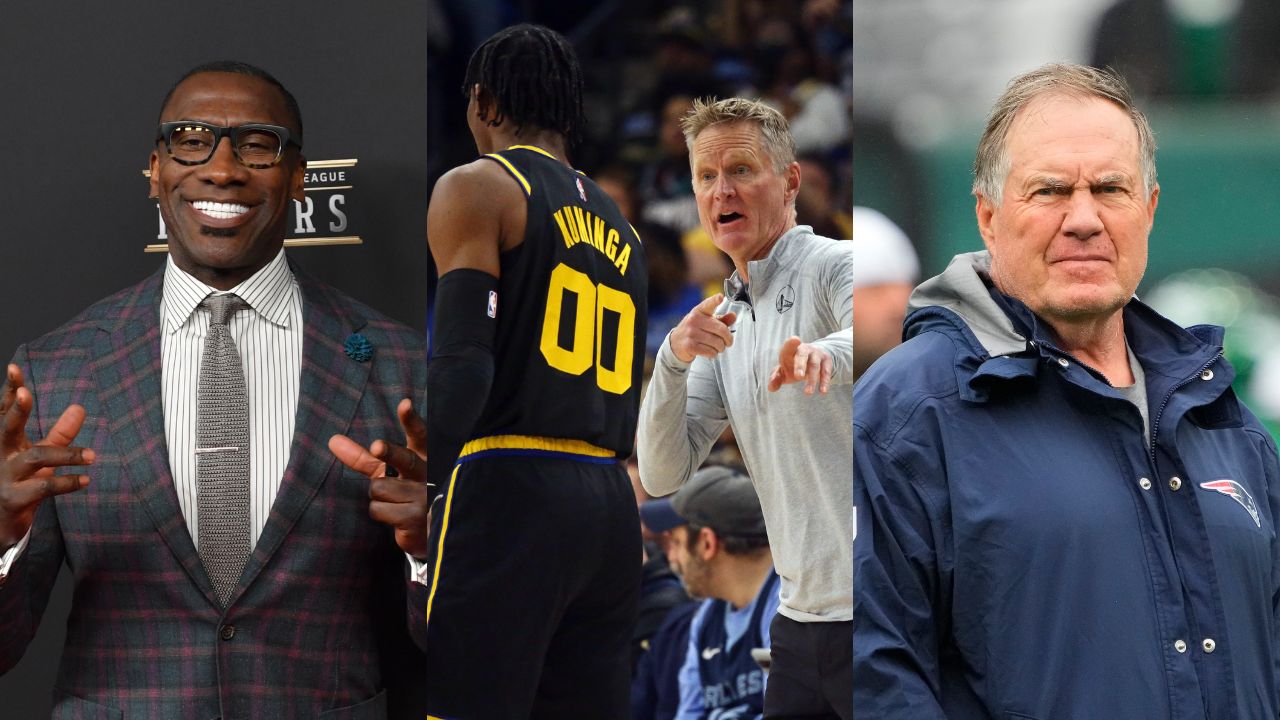 Shannon Sharpe(L), Jonathan Kuminga and Steve Kerr(Center), and Bill Belichick(R)