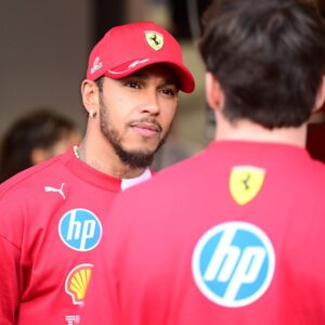 F1 Grand Prix of Saudi Arabia - Previews Lewis Hamilton, Charles Leclerc, and Maya Weug of Scuderia Ferrari chat during media day of the Saudi Arabia GP, the 5th round of the Formula 1 World Championship