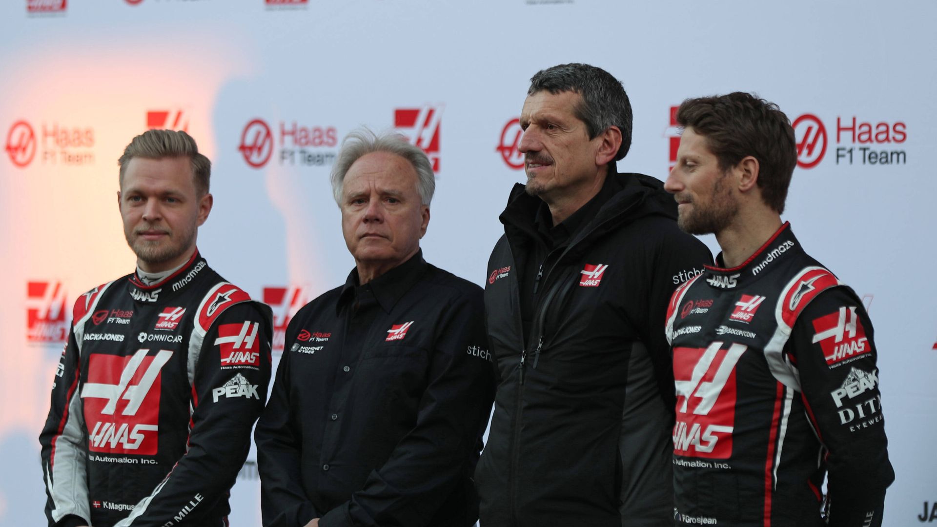 19th February 2020; Circuit De Barcelona Catalunya, Barcelona, Catalonia, Spain; Formula 1 Pre season Testing One; Haas F1 Team, Kevin Magnussen, Romain Grosjean, Guenther Steiner and Gene Haas
