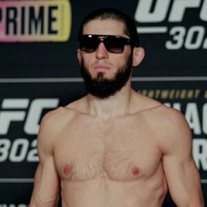 Islam Makhachev poses on the scale during the UFC 302: Weigh-in (official weigh ins) at Prudential Center on May 31, 2024 in Newark , United States.