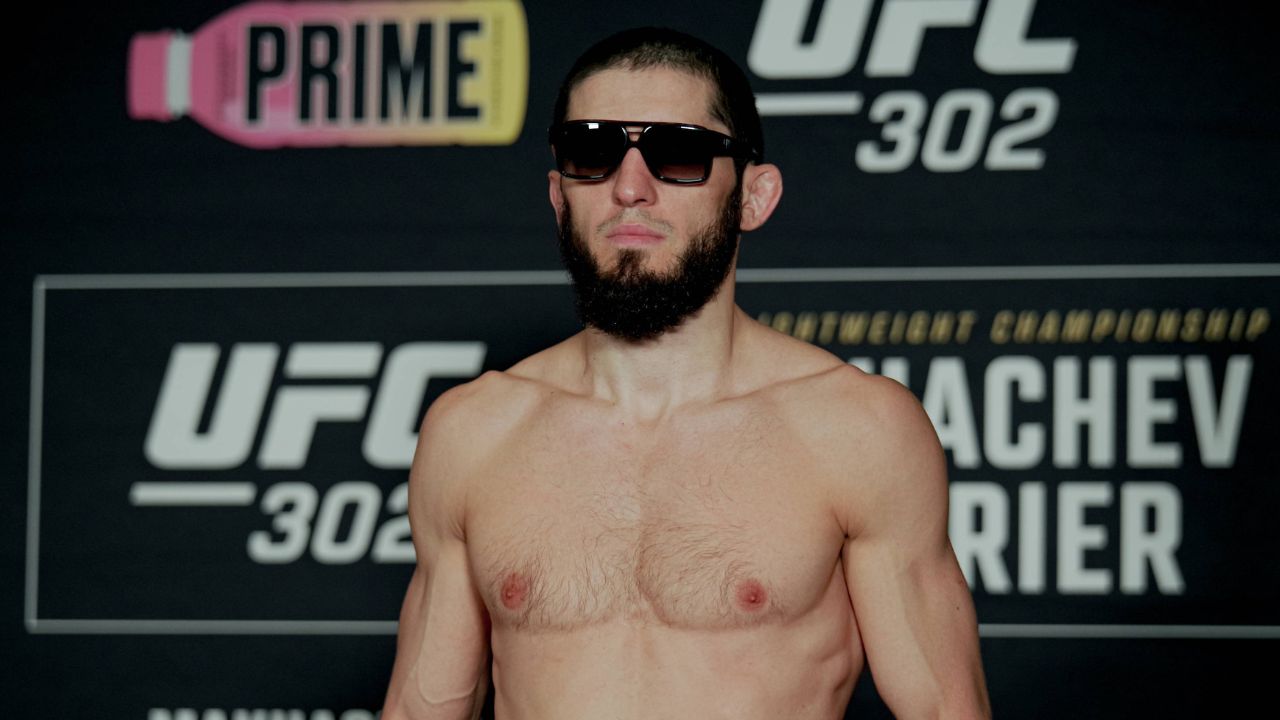 Islam Makhachev poses on the scale during the UFC 302: Weigh-in (official weigh ins) at Prudential Center on May 31, 2024 in Newark , United States.