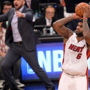 Brooklyn Nets head coach Jason Kidd reacts as Miami Heat small forward LeBron James (6) takes a shot during the second half at Barclays Center. The Brooklyn Nets won the game 104-95 in double overtime.