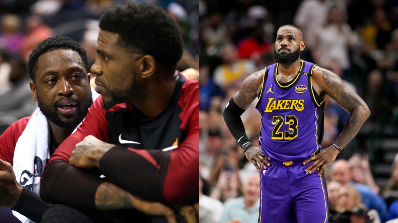 Dwyane Wade and Udonis Haslem (L), LeBron James (R)
