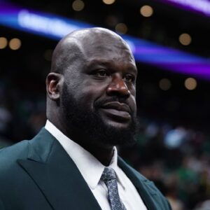 Shaquille O'Neal looks on before the game between the Boston Celtics and the Dallas Mavericks in game one of the 2024 NBA Finals at TD Garden.