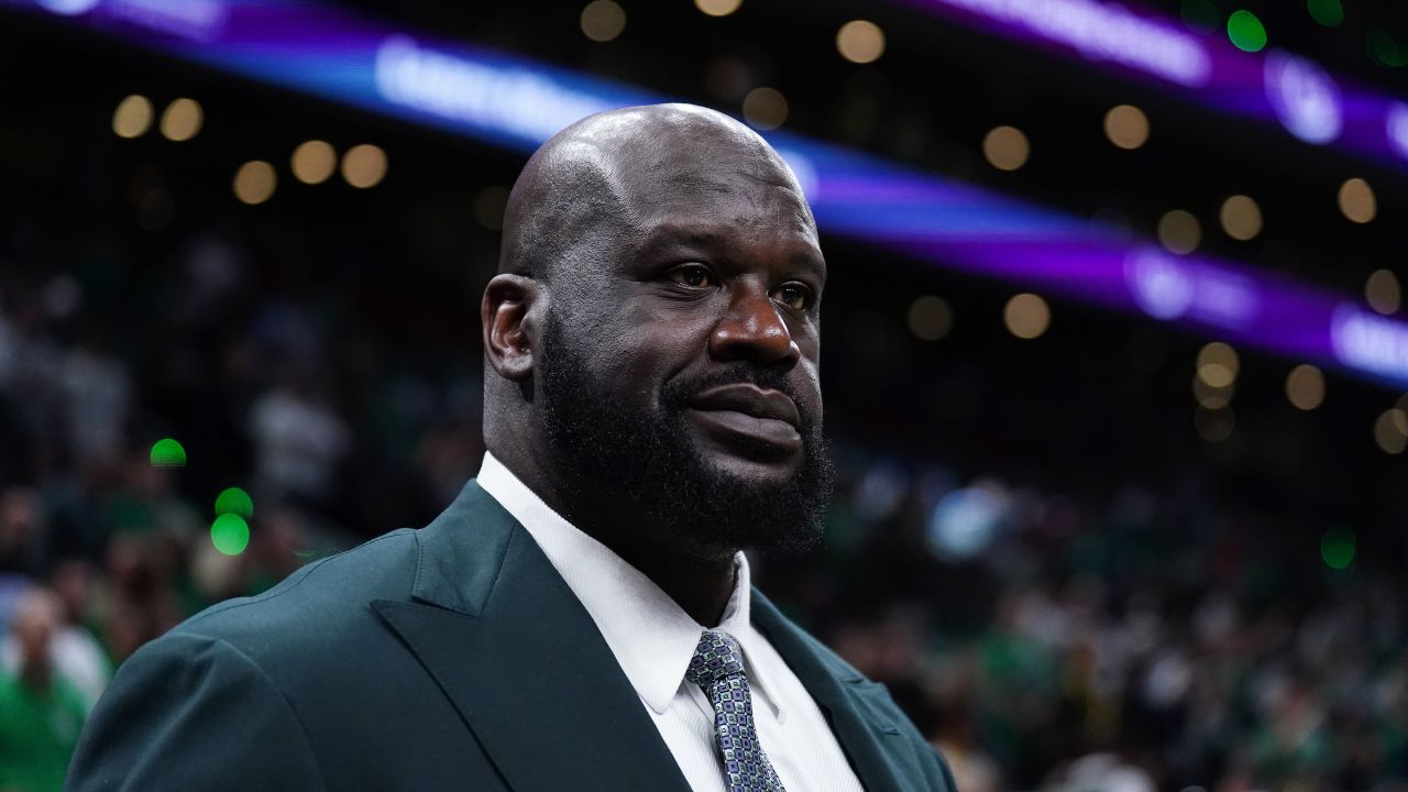 Shaquille O'Neal looks on before the game between the Boston Celtics and the Dallas Mavericks in game one of the 2024 NBA Finals at TD Garden.