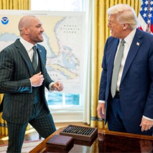 U.S President Donald Trump, chats with Irish MMA fighter Conor McGregor for St. Patricks day, at the Oval Office of the White House
