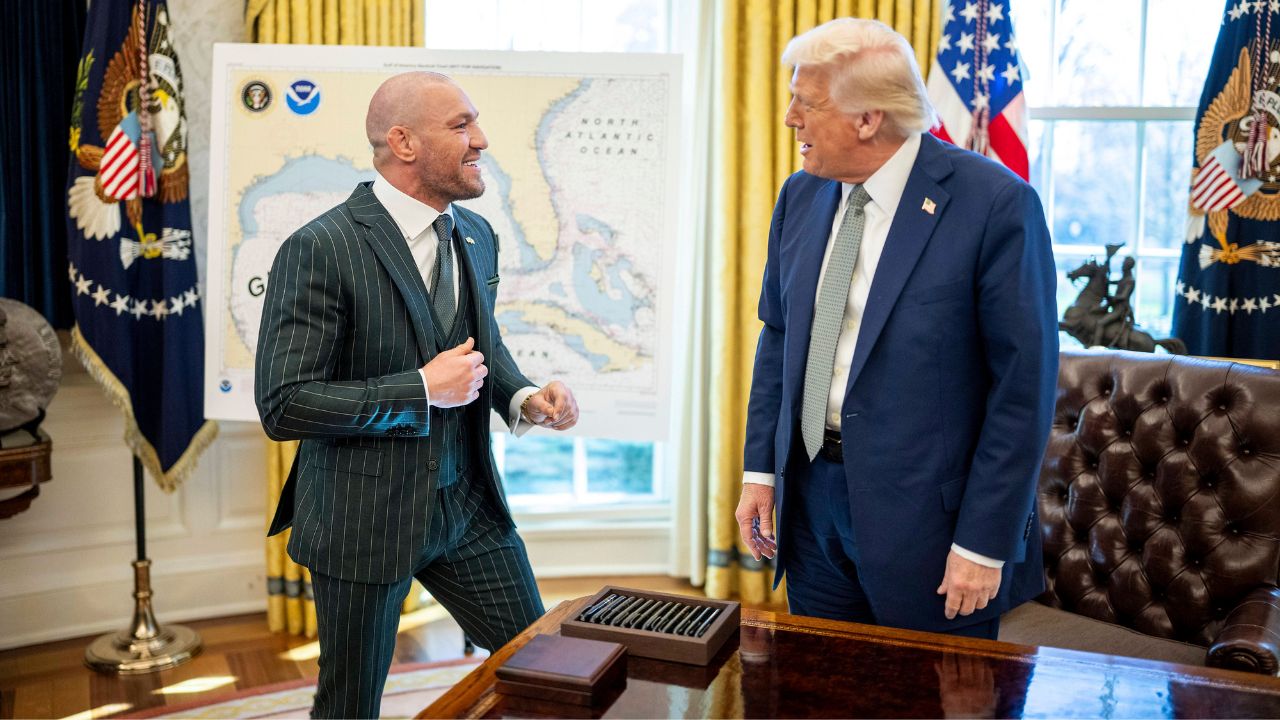 U.S President Donald Trump, chats with Irish MMA fighter Conor McGregor for St. Patricks day, at the Oval Office of the White House