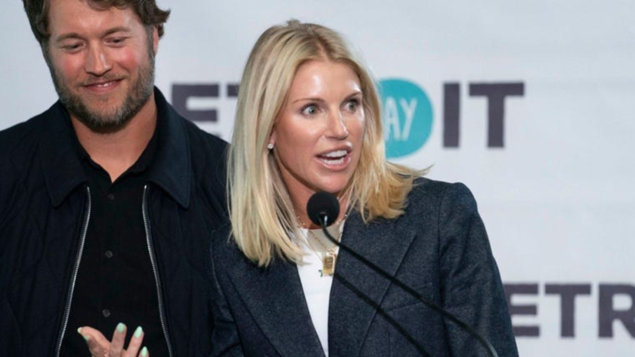 Matthew and Kelly Stafford make remarks before the ribbon cutting for the Kelly and Matthew Stafford and Friends Education Center at the S.A.Y Detroit Play Center in Detroit on Monday, April 1, 2024.