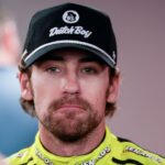 Ryan Blaney (12) talks with media at Darlington Raceway.