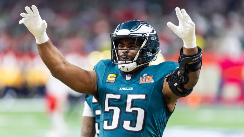 Philadelphia Eagles defensive end Brandon Graham (55) against the Kansas City Chiefs during Super Bowl LIX at Ceasars Superdome.