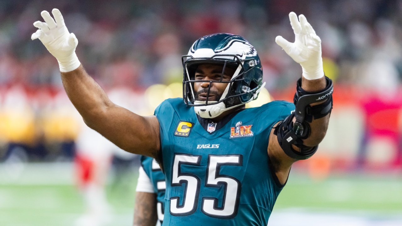 Philadelphia Eagles defensive end Brandon Graham (55) against the Kansas City Chiefs during Super Bowl LIX at Ceasars Superdome.