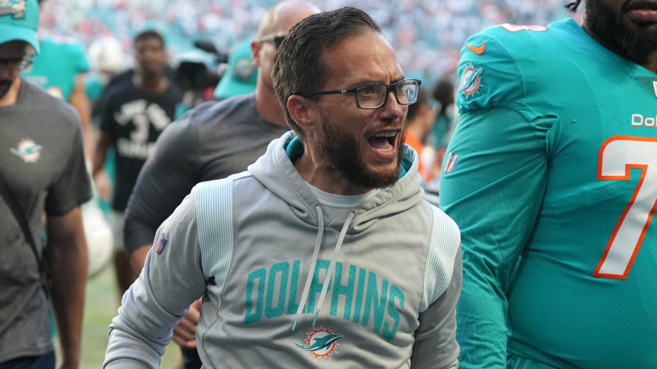 Miami Dolphins head coach Mike McDaniel is all smiles as he leaves the field after an 11-6 victory over the New York Jets at Hard Rock Stadium in Miami Gardens, Jan. 8, 2023.