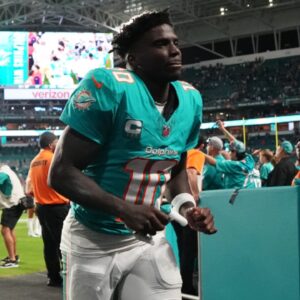 Dec 22, 2024; Miami Gardens, Florida, USA; Miami Dolphins wide receiver Tyreek Hill (10) runs off the field after defeating the San Francisco 49ers at Hard Rock Stadium.