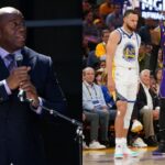 Magic Johnson(L), Stephen Curry and LeBron James(R)