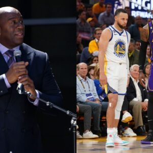 Magic Johnson(L), Stephen Curry and LeBron James(R)