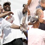 Pat Riley and Shaquille O'Neal (L), Pat Riley and LeBron James (R)