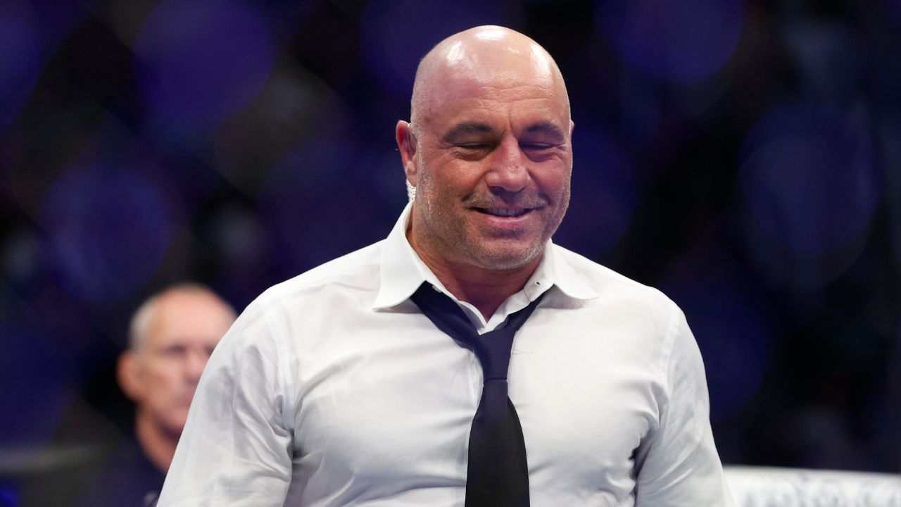 Joe Rogan after the fight between Amir Albazi (red gloves) and Francisco Figueiredo (blue gloves) during UFC 278 at Vivint Arena.