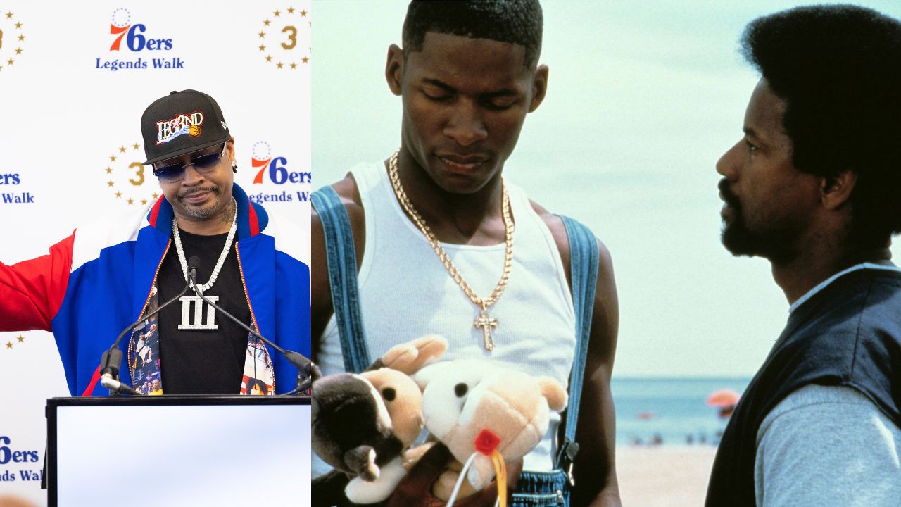 Allen Iverson (L), Ray Allen and Denzel Washington in He Got Game (R)