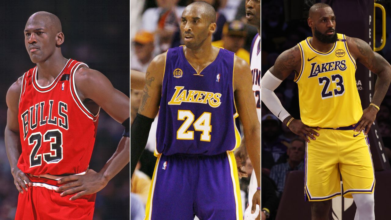 Michael Jordan (L), Kobe Bryant (C), and LeBron James (R)