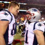 Jan 20, 2019; Kansas City, MO, USA; New England Patriots wide receiver Julian Edelman (11) celebrates with tight end Rob Gronkowski (87) after defeating the Kansas City Chiefs in overtime of the AFC Championship game at Arrowhead Stadium.