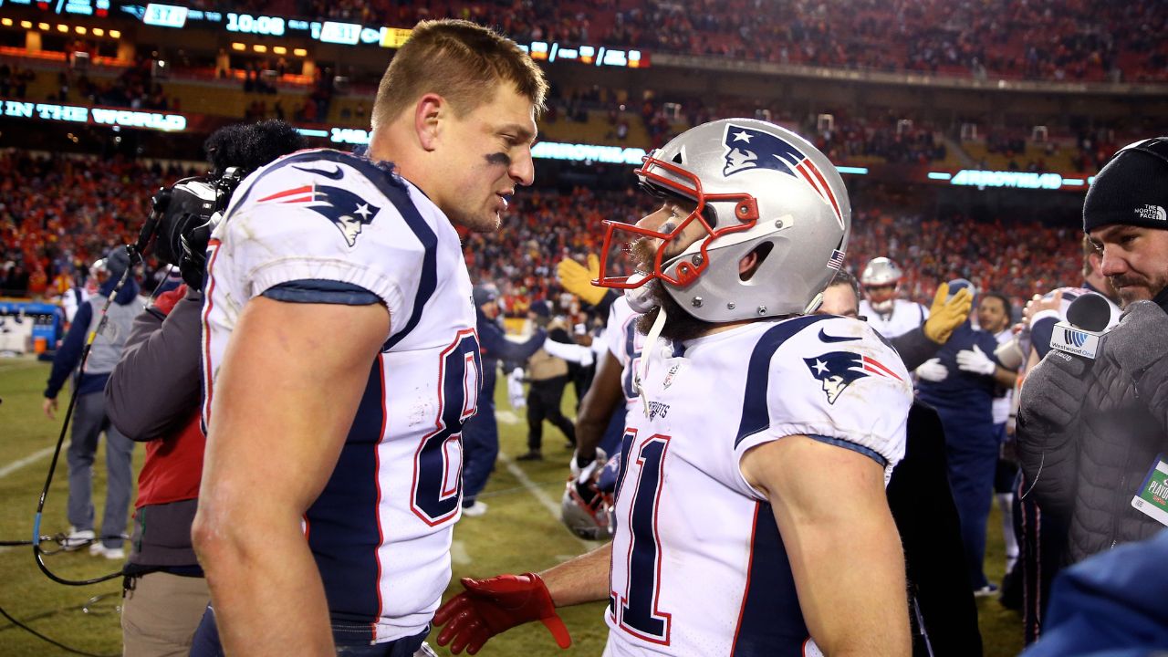 Jan 20, 2019; Kansas City, MO, USA; New England Patriots wide receiver Julian Edelman (11) celebrates with tight end Rob Gronkowski (87) after defeating the Kansas City Chiefs in overtime of the AFC Championship game at Arrowhead Stadium.