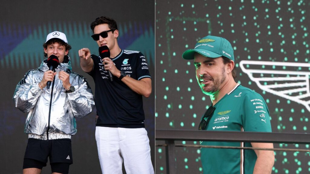 Andrea Kimi Antonelli and George Russell(L), Fernando Alonso(R)