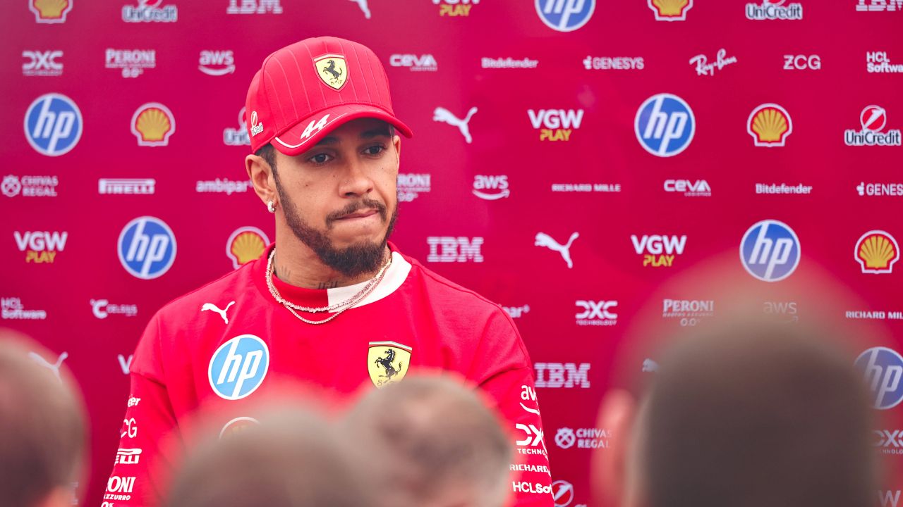 Lewis Hamilton of Great Britain and Scuderia Ferrari appears in the media session during previews ahead of the F1 Grand Prix of Japan at Suzuka Circuit in Suzuka, Japan, on April 3, 2025