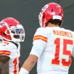 Nov 29, 2020; Tampa, Florida, USA; Kansas City Chiefs wide receiver Tyreek Hill (10) celebrates with quarterback Patrick Mahomes (15) his touchdown scored against the Tampa Bay Buccaneers during the first half at Raymond James Stadium.